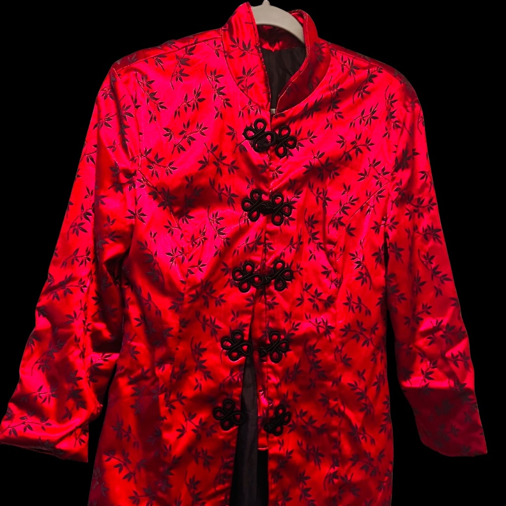 Red Satin Floral Brocade Jacket w/ Decorative Knot Closures | Med | $35